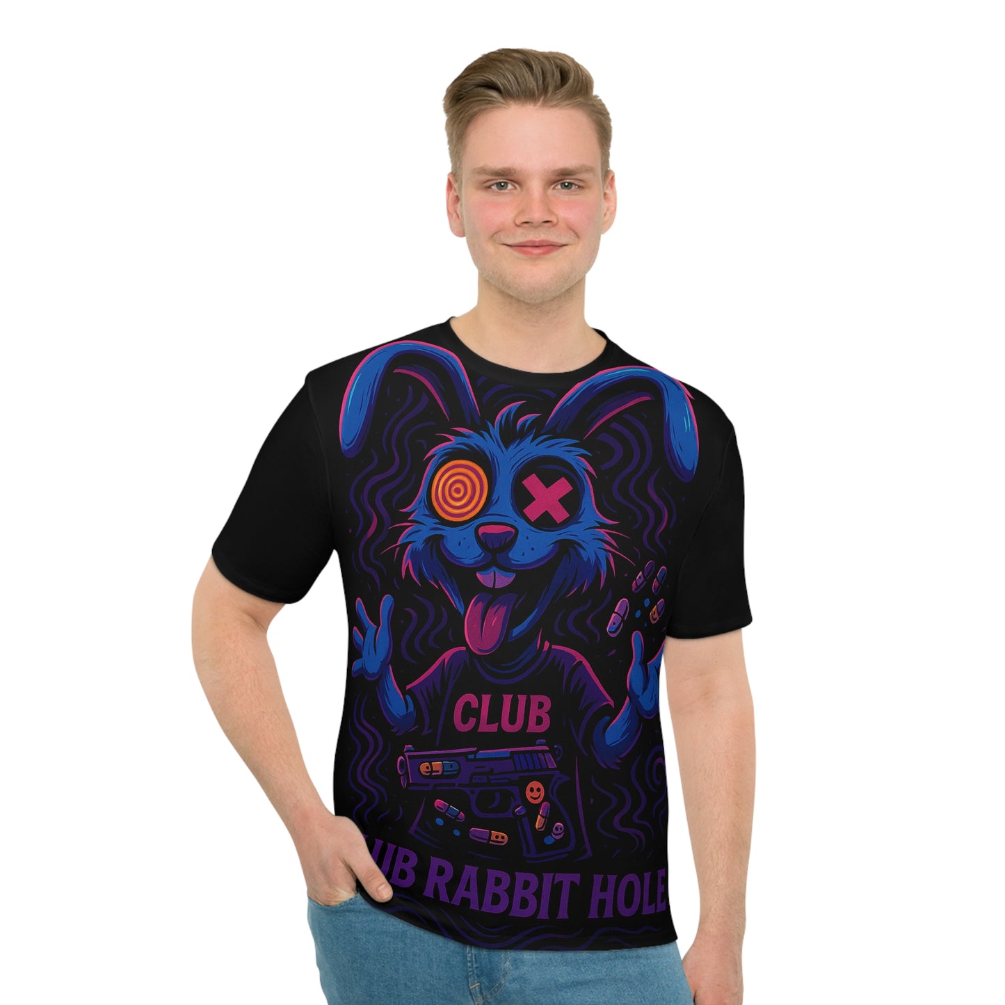 Club Rabbit Hole Graphic Tee, Trendy Streetwear T-Shirt, Gift for Gamers, Casual Wear for Parties, Unique Rabbit Design Shirt