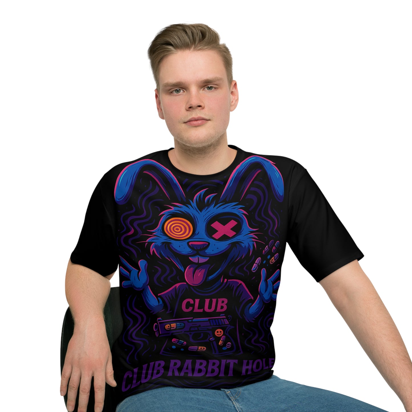 Club Rabbit Hole Graphic Tee, Trendy Streetwear T-Shirt, Gift for Gamers, Casual Wear for Parties, Unique Rabbit Design Shirt