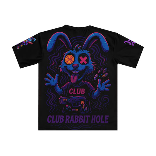 Club Rabbit Hole Graphic Tee, Trendy Streetwear T-Shirt, Gift for Gamers, Casual Wear for Parties, Unique Rabbit Design Shirt